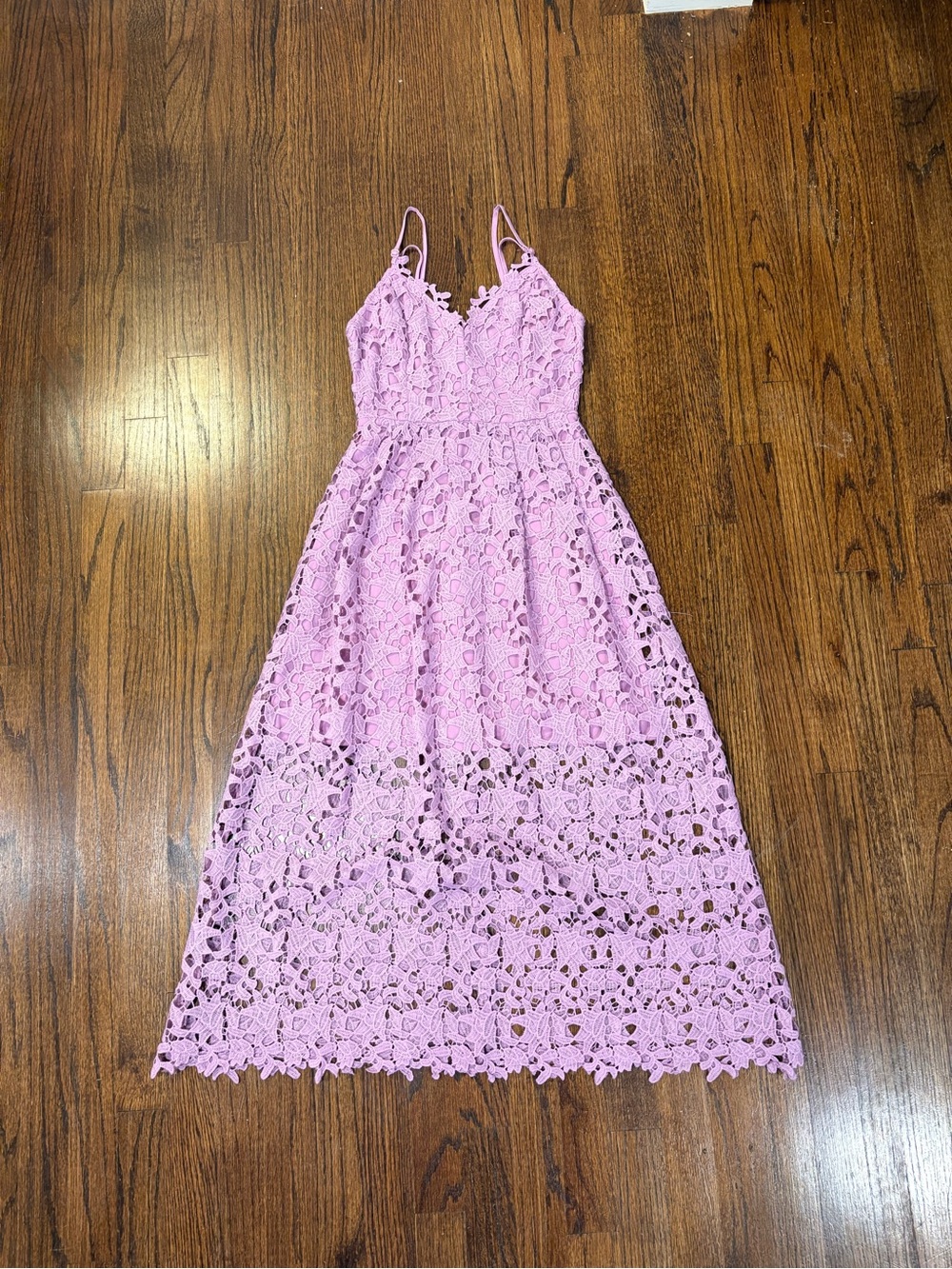 Astr Lavender Lace Midi Dress with Spaghetti Straps